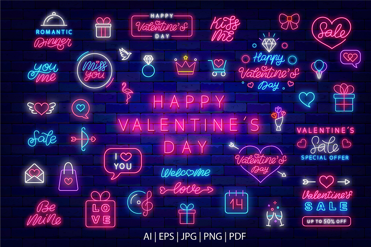 Happy Valentines Day neon pack, an Illustration by GapArt (Photo 1 of 7)
