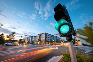 Green traffic light on busy city street at dusk, a Transportation Photo by AlyaAnd
