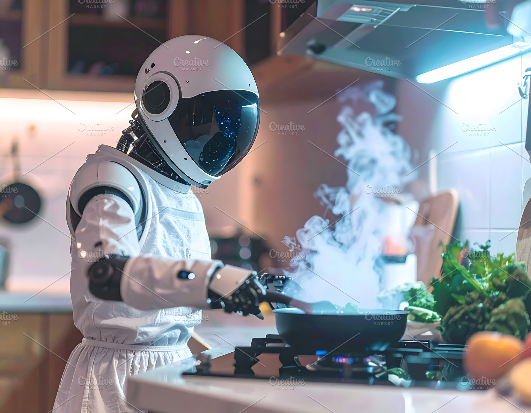 Humanoid robot cooking vegetables in modern futuristic kitchen, a Technology Photo by GoodGoods