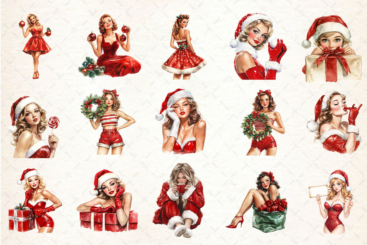 Vintage Santa Pin Up Girl Clipart, an Illustration by Rose Art (Photo 3 of 4)