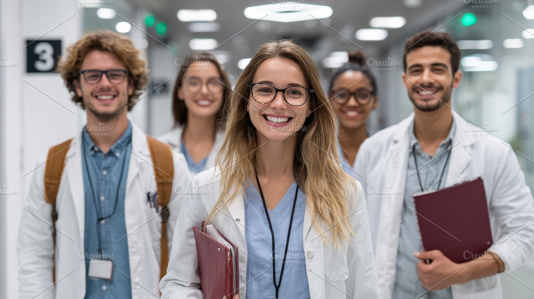 Smiling medical students hallway div, a Photo by Pixeness Studio