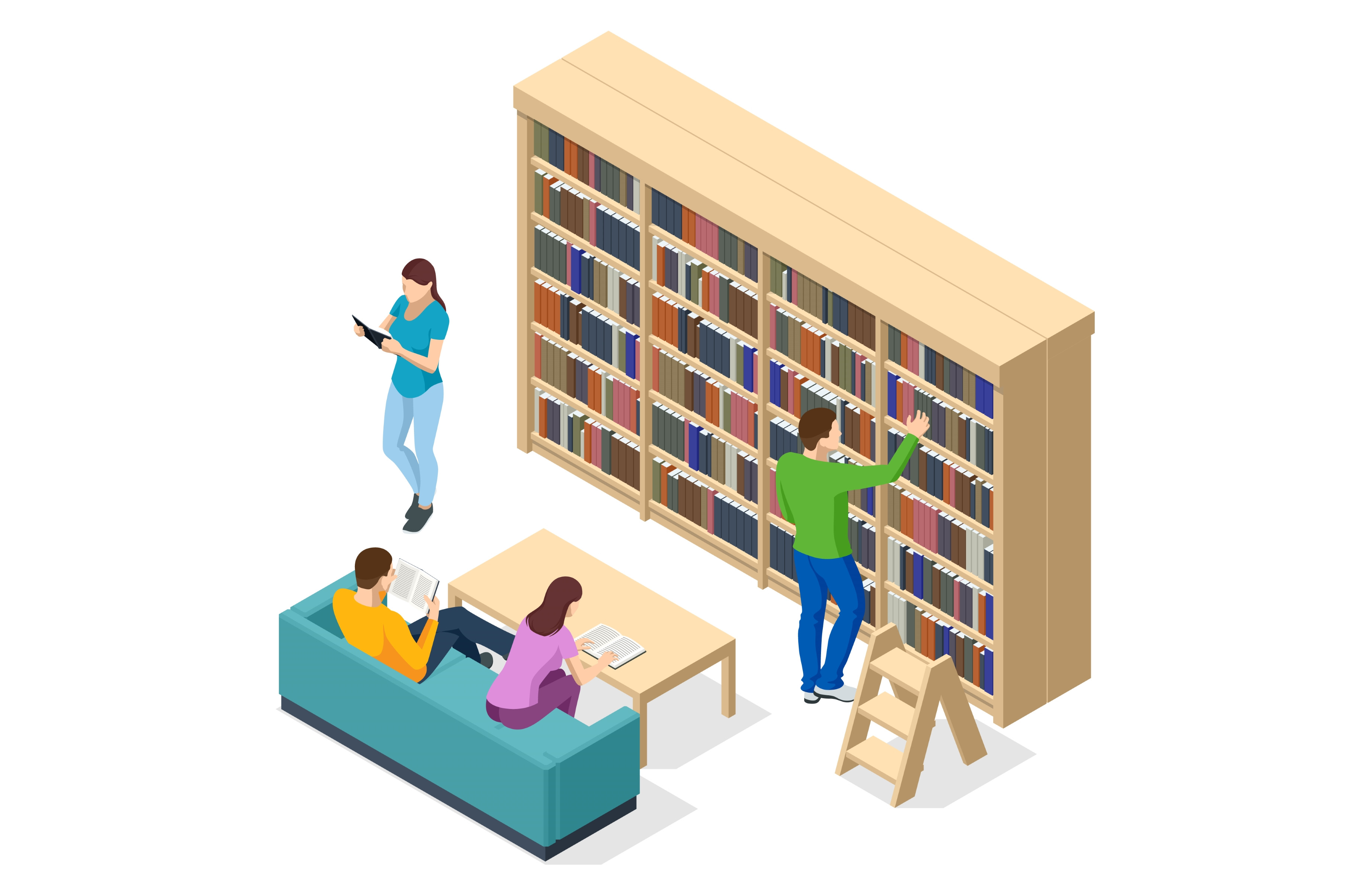 Isometric Bookshelves in the Library, an Education Illustration by ...
