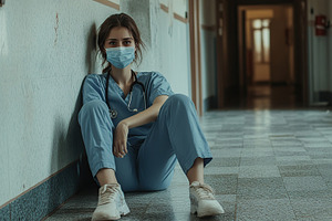 Tired woman nurse after a hard day at work, a Health & Medical Photo by AlyaAnd