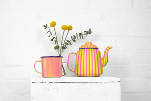 Enamel Teapot And Mugs Mockup Set