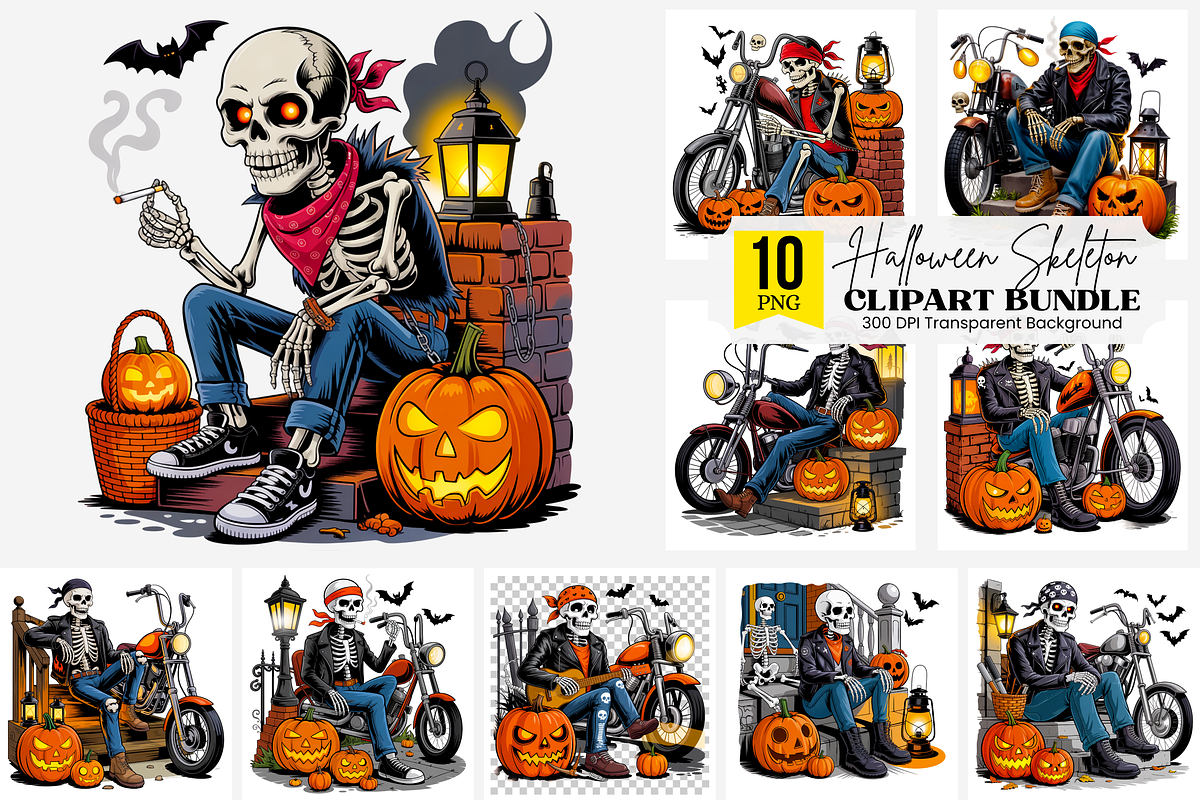 Halloween Skeleton Biker PNG Bundle, an Illustration by Clipart Bloom (Photo 1 of 11)