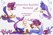 Watercolor beautiful mermaid clipart, an Animal Illustration by Fresh art by Larysa (Thumbnail 1 of 6)