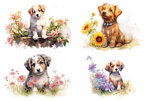 Summer Flower And Cute Puppies