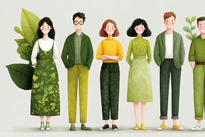 Group of six individuals in eco-friendly attire standing with nature background, an Illustration by AS photostudio