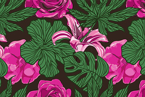 Tropical flowers, leaves pattern.