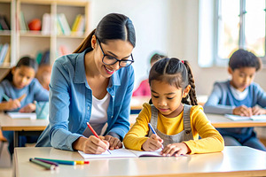 Young teacher with asian girl at classroom, a School & Education Photo by DanFLCreativo