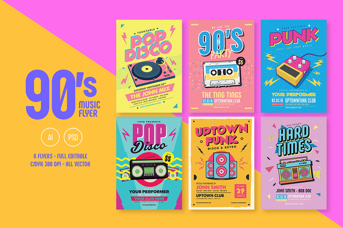 6 Nineties Music Flyers Bundle, a Poster Template by Guuver (Photo 1 of 4)