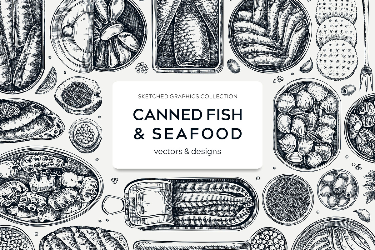 Tinned Fish & Seafood Vector Set, a Food Illustration by Yevheniia (Photo 1 of 14)