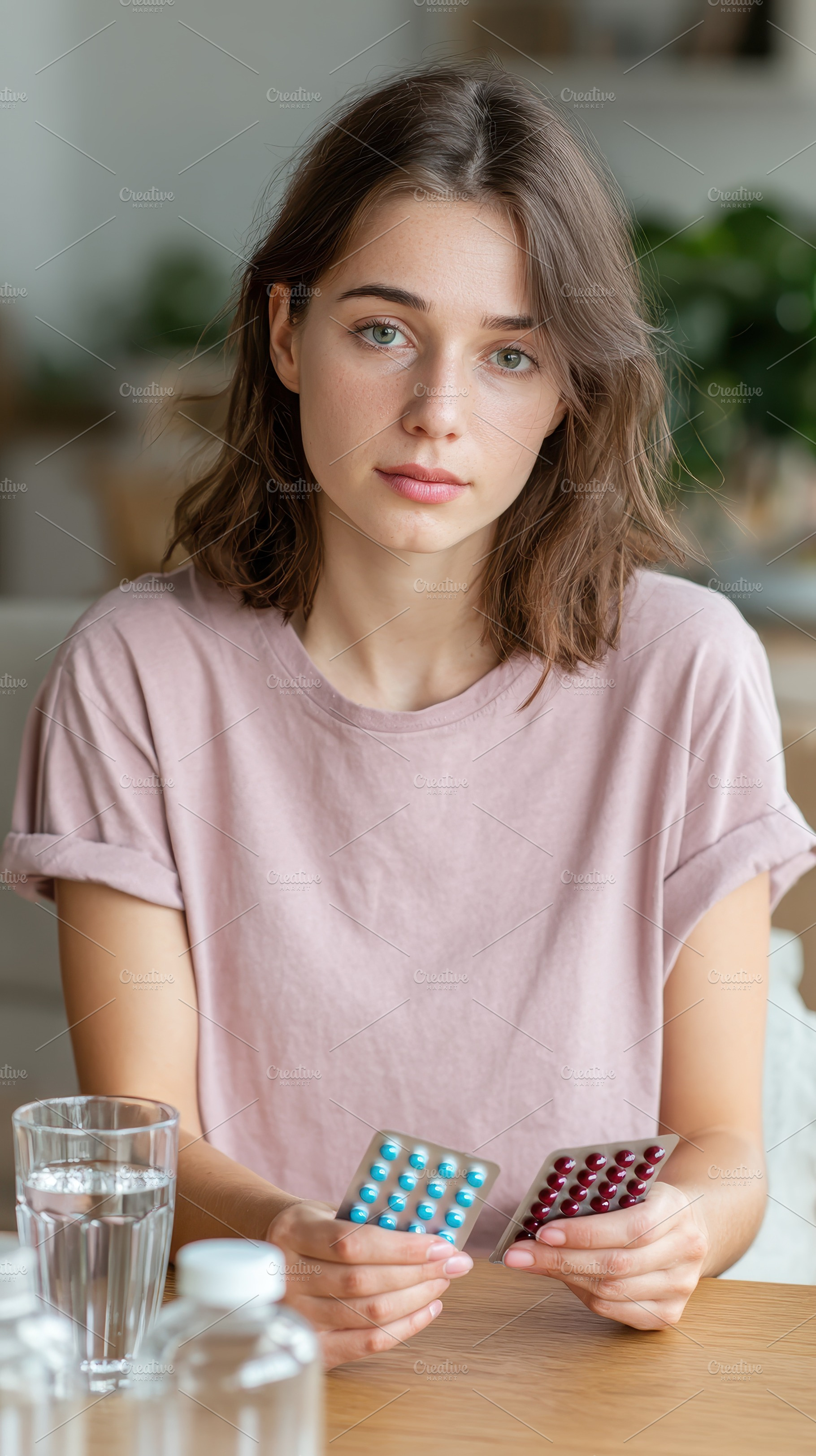 Young woman holding pills and water, a Photo by Pixeness Studio