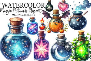 Watercolor Magic Potions Clipart, an Illustration by Rose Art