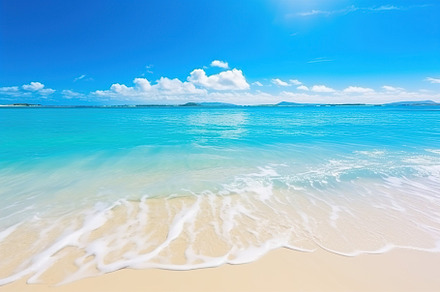 Illustrative of tropical beach with ocean, blue sky and white clouds. Generativ, a Nature Photo by AlyaAnd