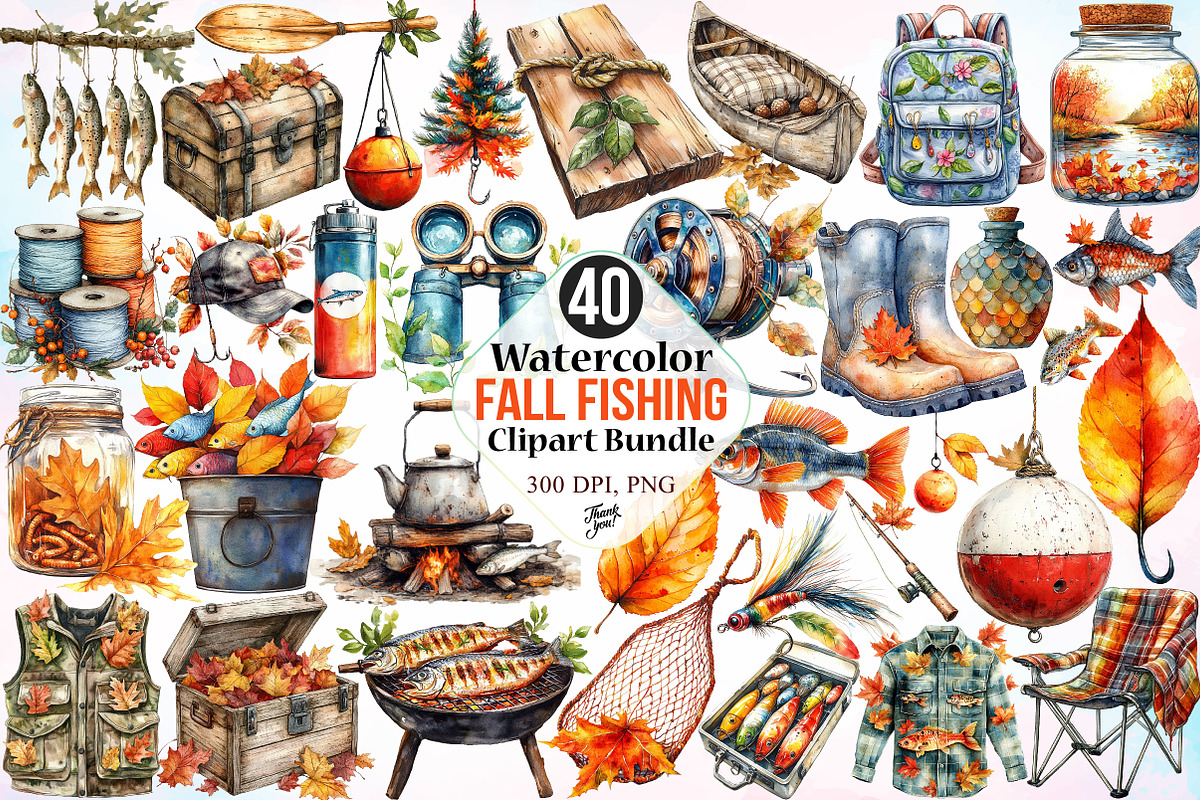 Watercolor Fall Fishing Clipart PNG, a Seasonal Illustration by Canvas Craft (Photo 1 of 8)