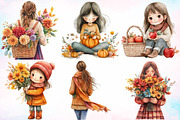 Girls with Fall Flowers Clipart PNG, a Seasonal Illustration by Canvas Craft (Thumbnail 2 of 7)