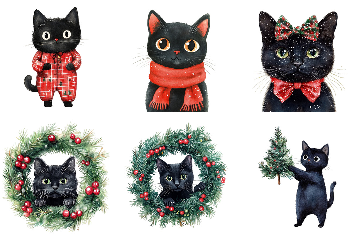 Funny Christmas Black Cat Clipart, an Illustration by DreamArtGraphic (Photo 2 of 5)