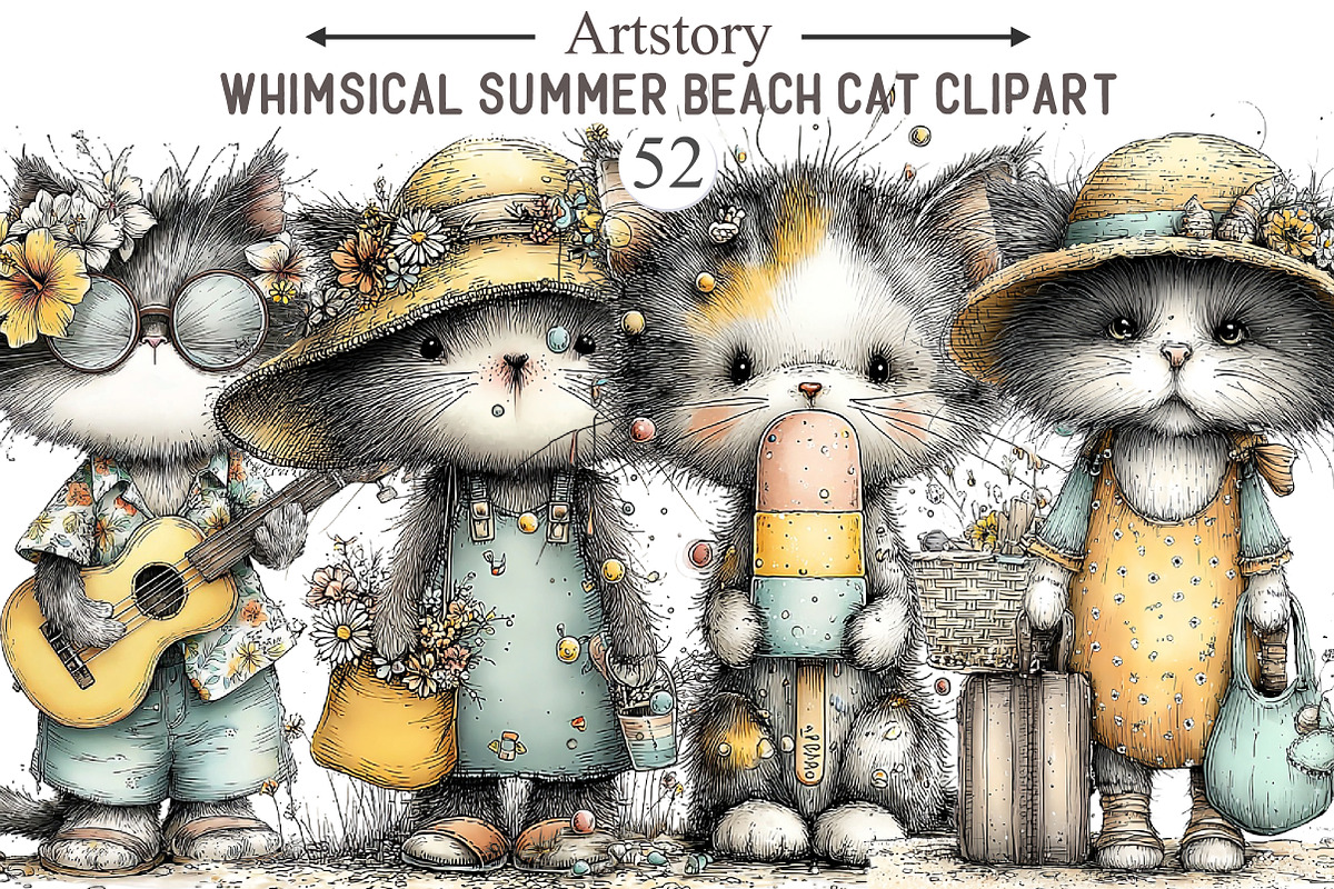 Whimsical Summer Beach Cat Clipart, an Illustration by designcity5 (Photo 1 of 5)