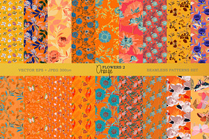 Orange Floral Seamless Vector Pack