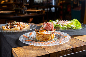 Gourmet dish on restaurant table, a Food & Drink Photo by etorres69