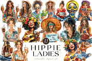 Watercolor Hippie Ladies Clipart, an Illustration by OK Design (Thumbnail 1 of 5)