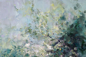 Oil painting capturing spring blossoms on a tree in a lush green, a Decorative Illustration by Studio ANNA