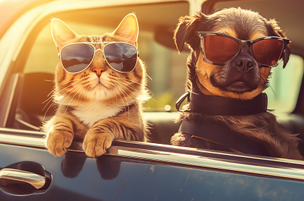 Dog and cat looking out car window. Travel by car. Generative AI, an Animal Photo by AlyaAnd