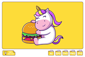 Cute Unicorn With Burger Cartoon