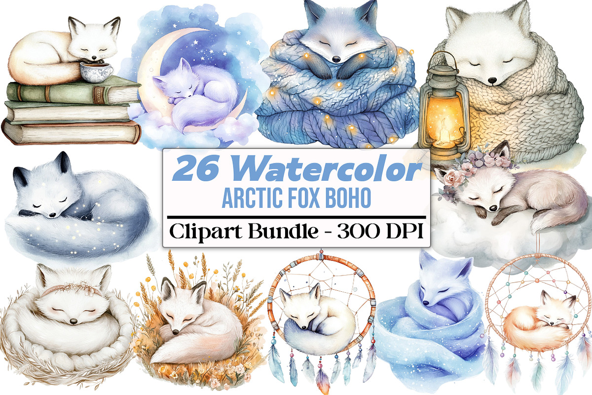 Cute Dreaming Arctic Fox Boho Clipar, an Illustration by DreamCafeArt (Photo 1 of 4)