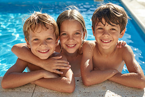 Three Kids Smiling by Poolside, a Sports & Recreation Photo by Davizro's Market