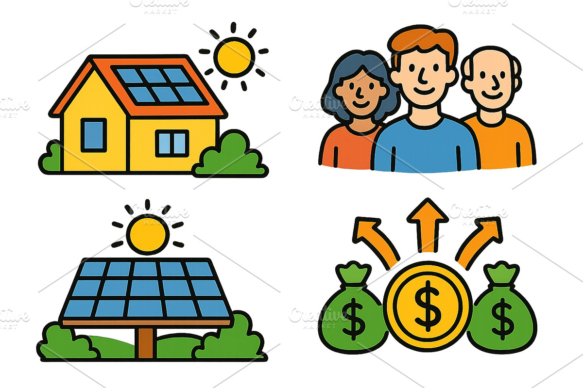 Solar energy benefits for families, a Finance Illustration by ZinetroN