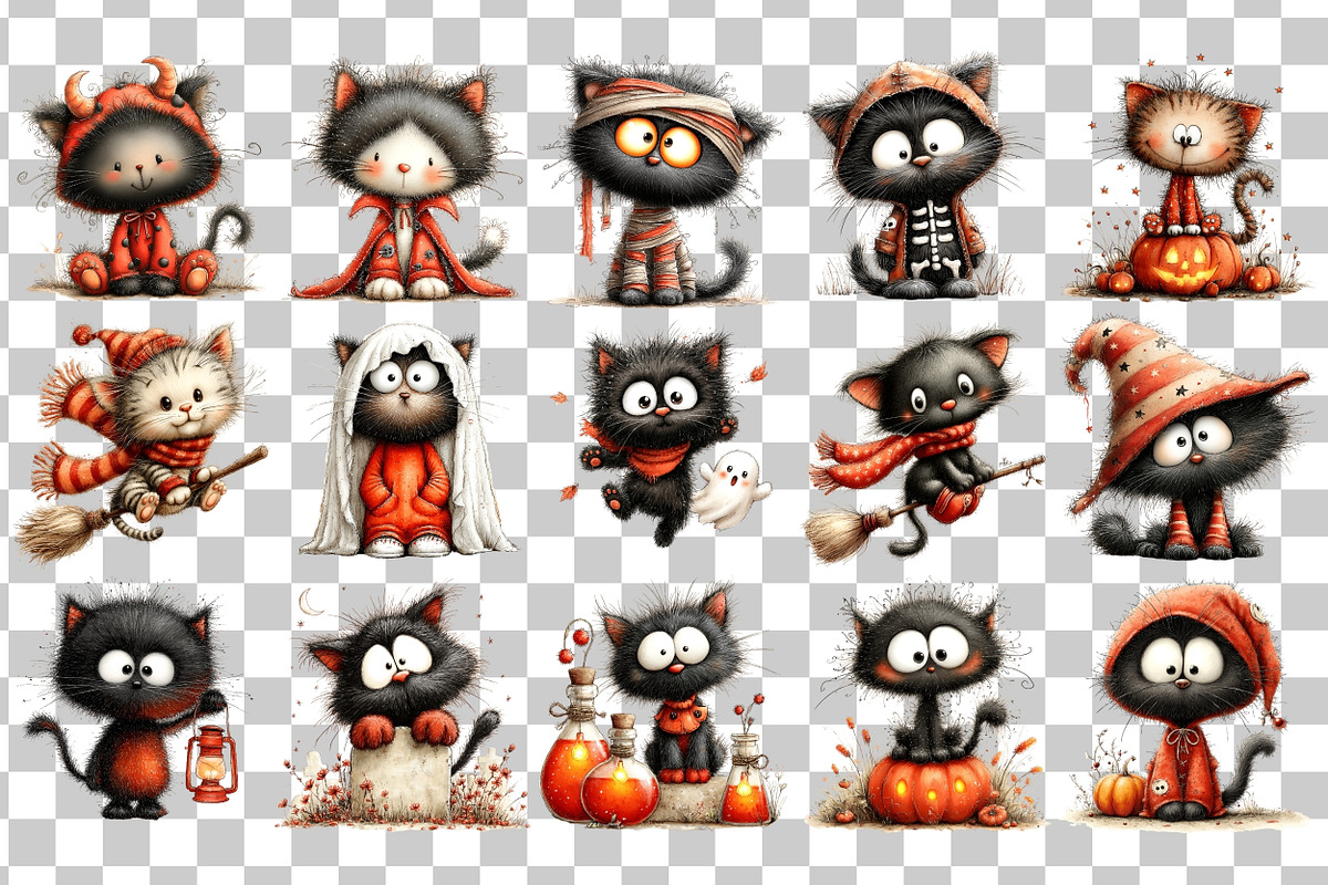 Halloween Cat PNG Clipart Bundle, a Seasonal Illustration by Nicolle's Colorful Art (Photo 3 of 5)