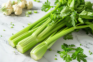 Green fresh celery sticks on white background, a Food & Drink Photo by AlyaAnd