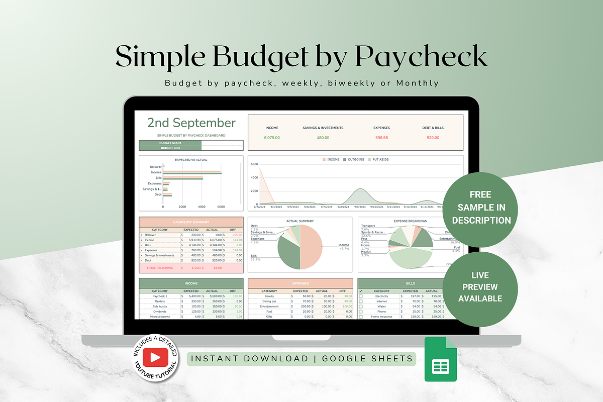Simple Paycheck Budget - Green, a Templates & Theme by The Creative Plans co (Photo 1 of 10)