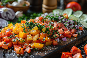 A vibrant array of diced vegetables including tomatoes, cucumbers, and herbs on, a Person Photo by ImageMir