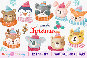 Watercolor Christmas Animals Clipart