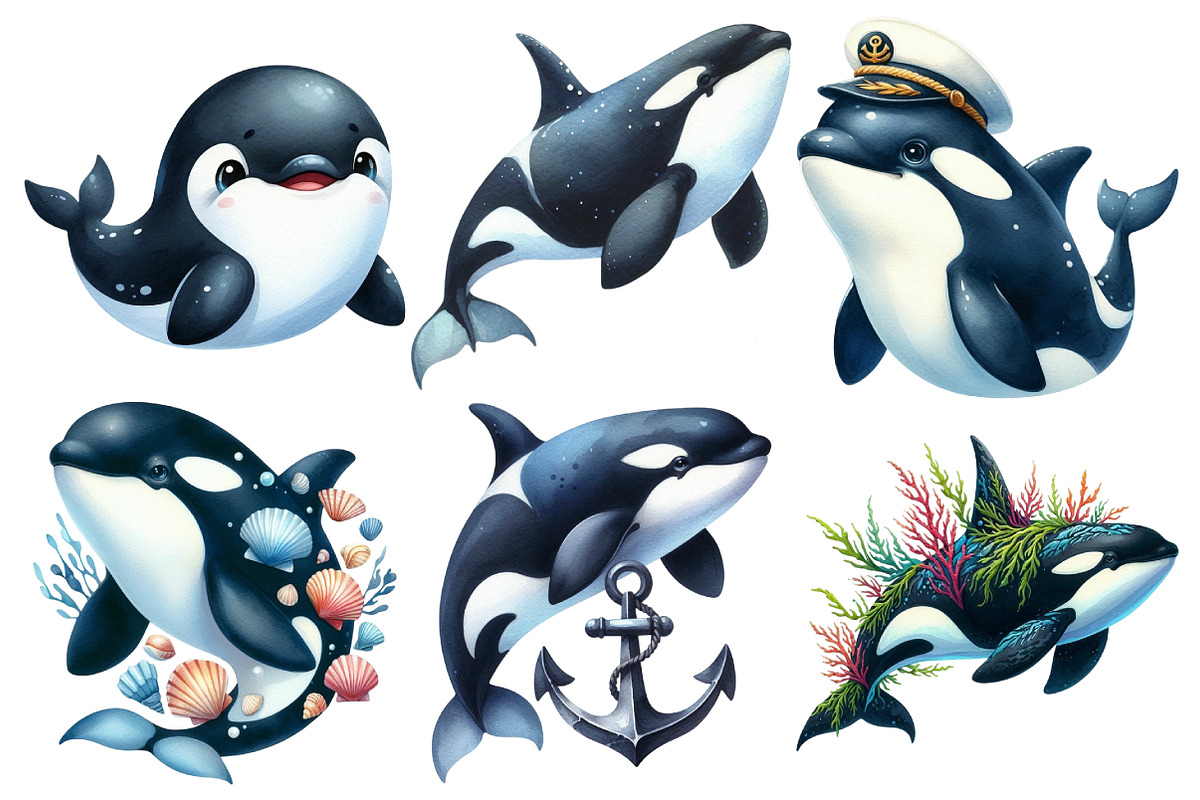 Watercolor Orca Clipart, an Illustration by Pixels.Craft (Photo 3 of 7)