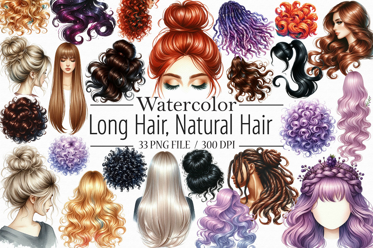 Hair Clipart, Long Hair, Natural Hai, an Illustration by Libby Wishes (Photo 1 of 7)