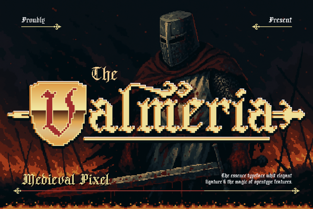 Valmeria - Medival Pixel, a Serif Font by Burntilldead (Photo 1 of 12)