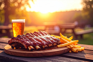 Rustic wooden board piled with tender, smoky spareribs, fries and a cold beer, a Food & Drink Photo by DutchDigitalDesign