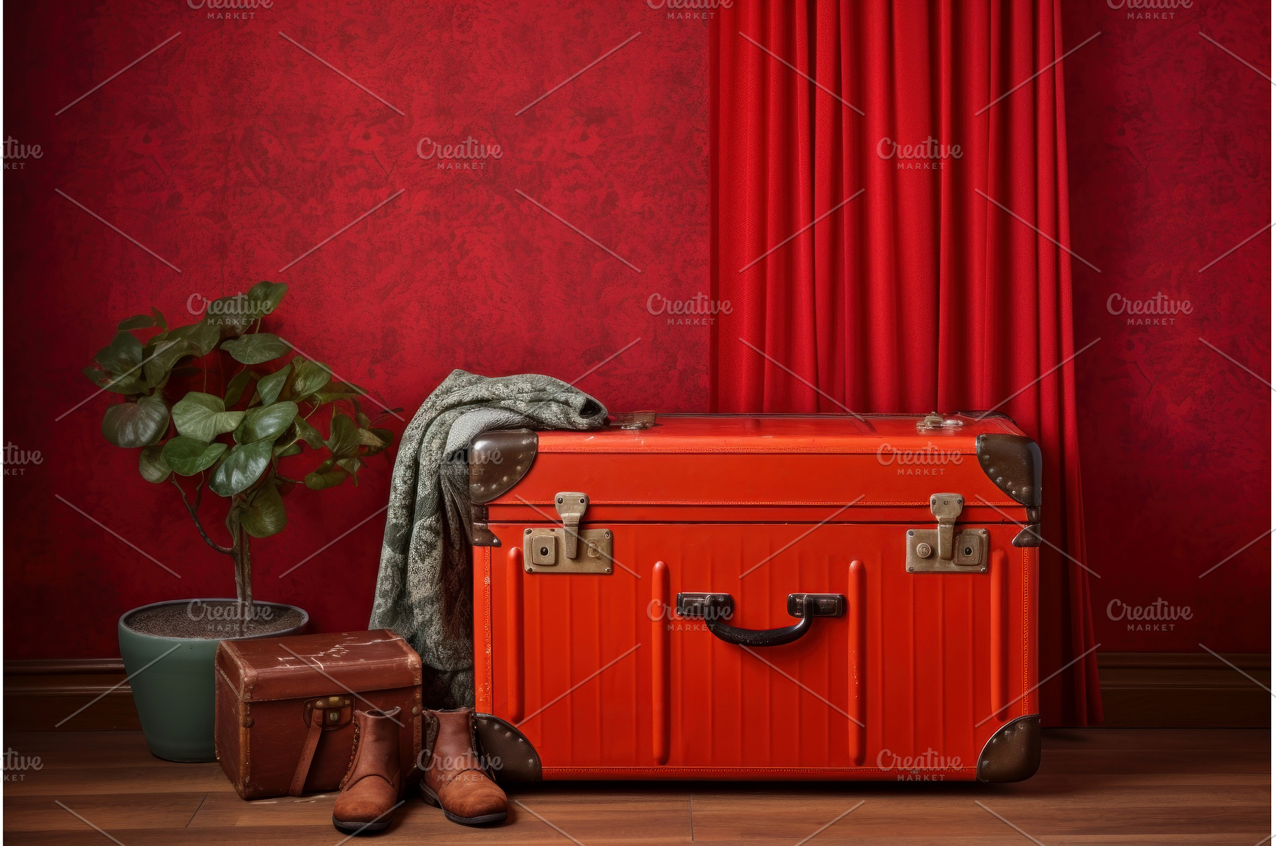 Closed red suitcase with clothing in, a Holiday Photo by Ylivdesign