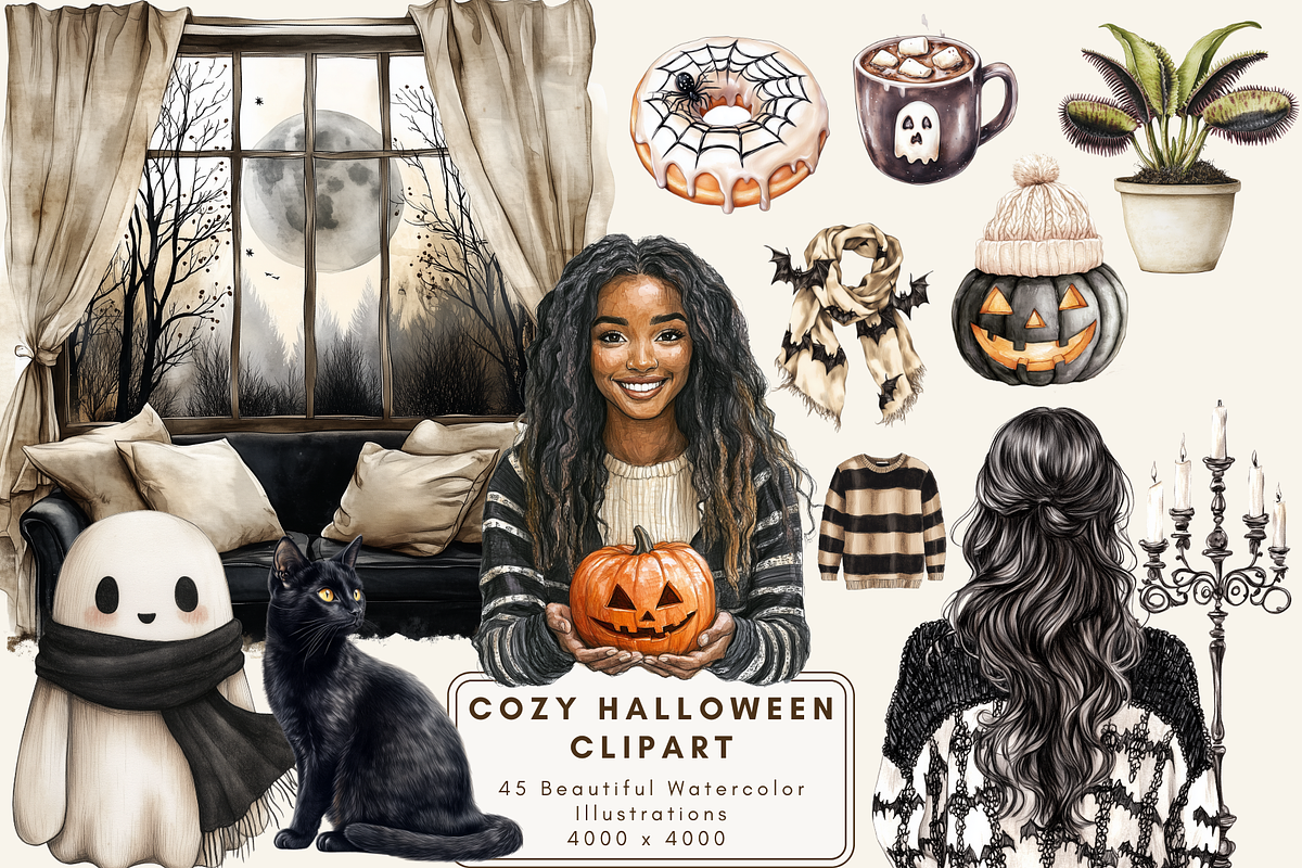 Cozy Halloween Clipart, an Illustration by NadiaTheronArt (Photo 1 of 5)