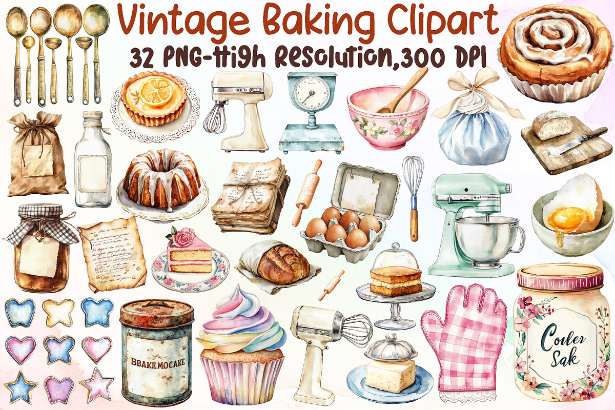 Watercolor Vintage Baking Clipart, an Illustration by Sublimation Artist (Photo 1 of 6)