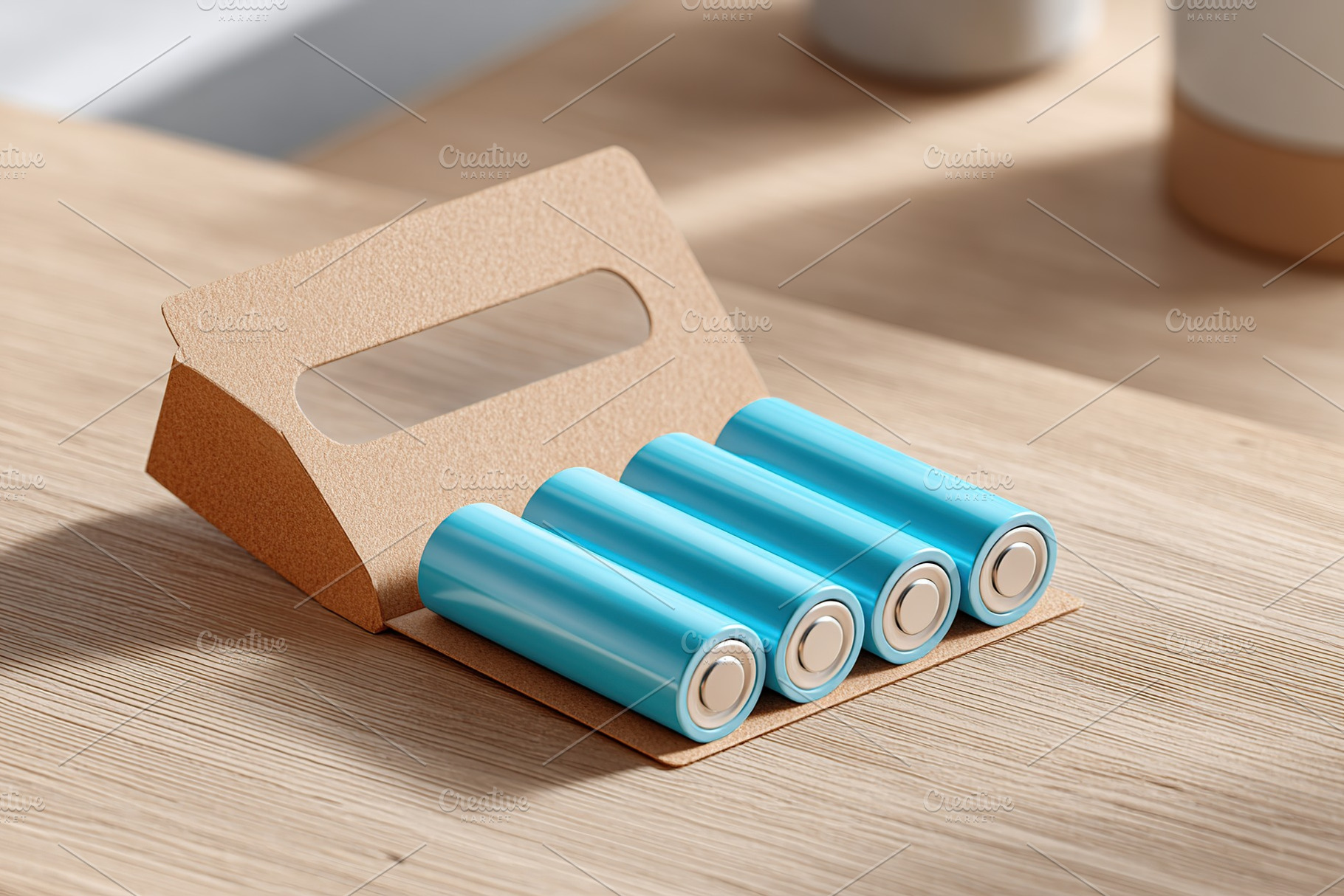 Pack of rechargeable batteries resting on a wooden surface with blurred backgro, a Photo by AlyaAnd