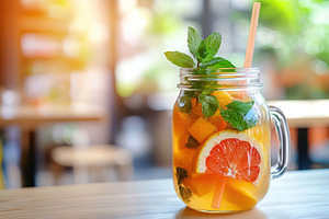 Ice tea with mint and slices of ripe fruits, a Food & Drink Photo by AlyaAnd