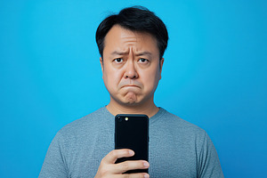 Man using smartphone with a displeased expressions, a Photo by AlyaAnd