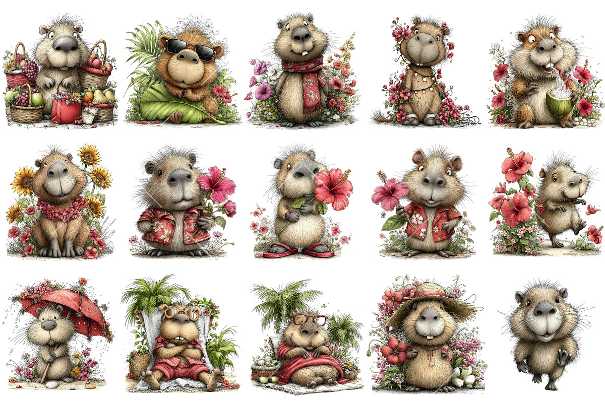 Whimsical Summer Capybara Clipart, an Illustration by OK Design (Photo 3 of 6)
