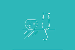 Cat and a gold fish outline drawing