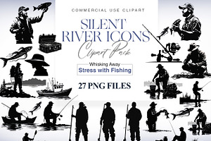 Fishing Silhouette Clipart, Line Art